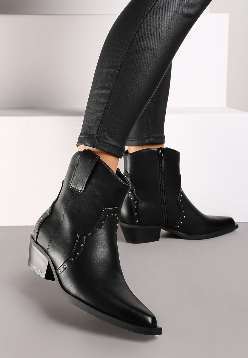 Brązowe Szpiczaste Botki w Stylu Kowbojskim z Nitami  Mevanta