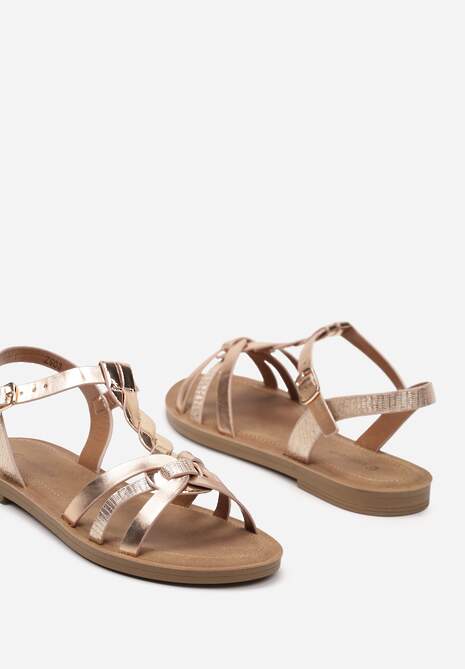 Szampańskie Płaskie Sandały z Imitacji Skóry Zapinane na Sprzączkę Obianna