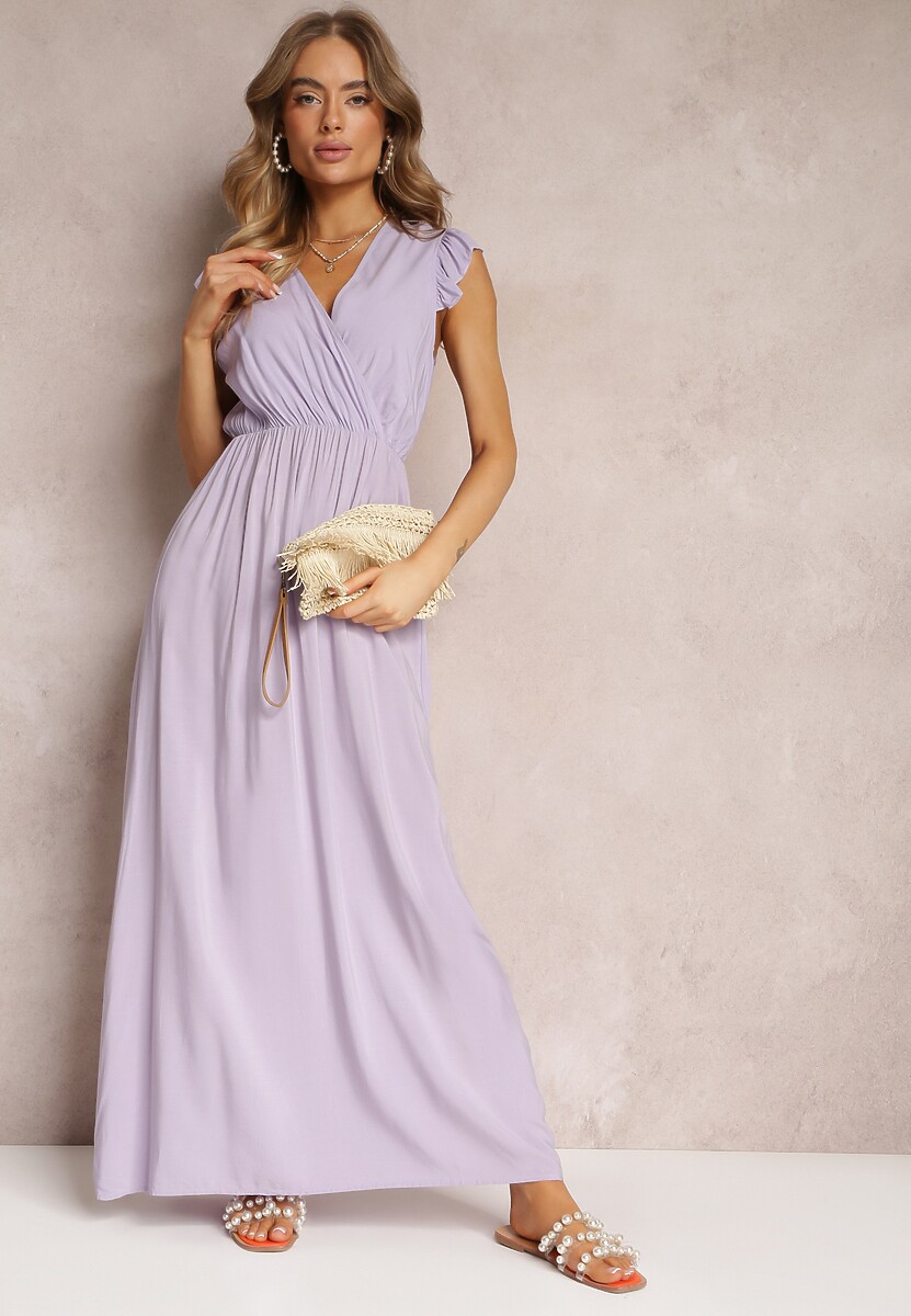 Fioletowa Wiskozowa Sukienka z Gumką w Pasie i Kopertowym Dekoltem Hyasine