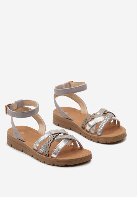 Srebrne Sandały Zapinane wokół Kostki na Grubej Podeszwie Tsulla