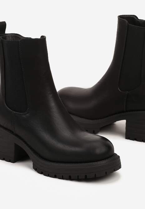 Czarne Ocieplone Botki na Słupku w Stylu Sztybletów Ozdobione z Boku Gumką Crethea