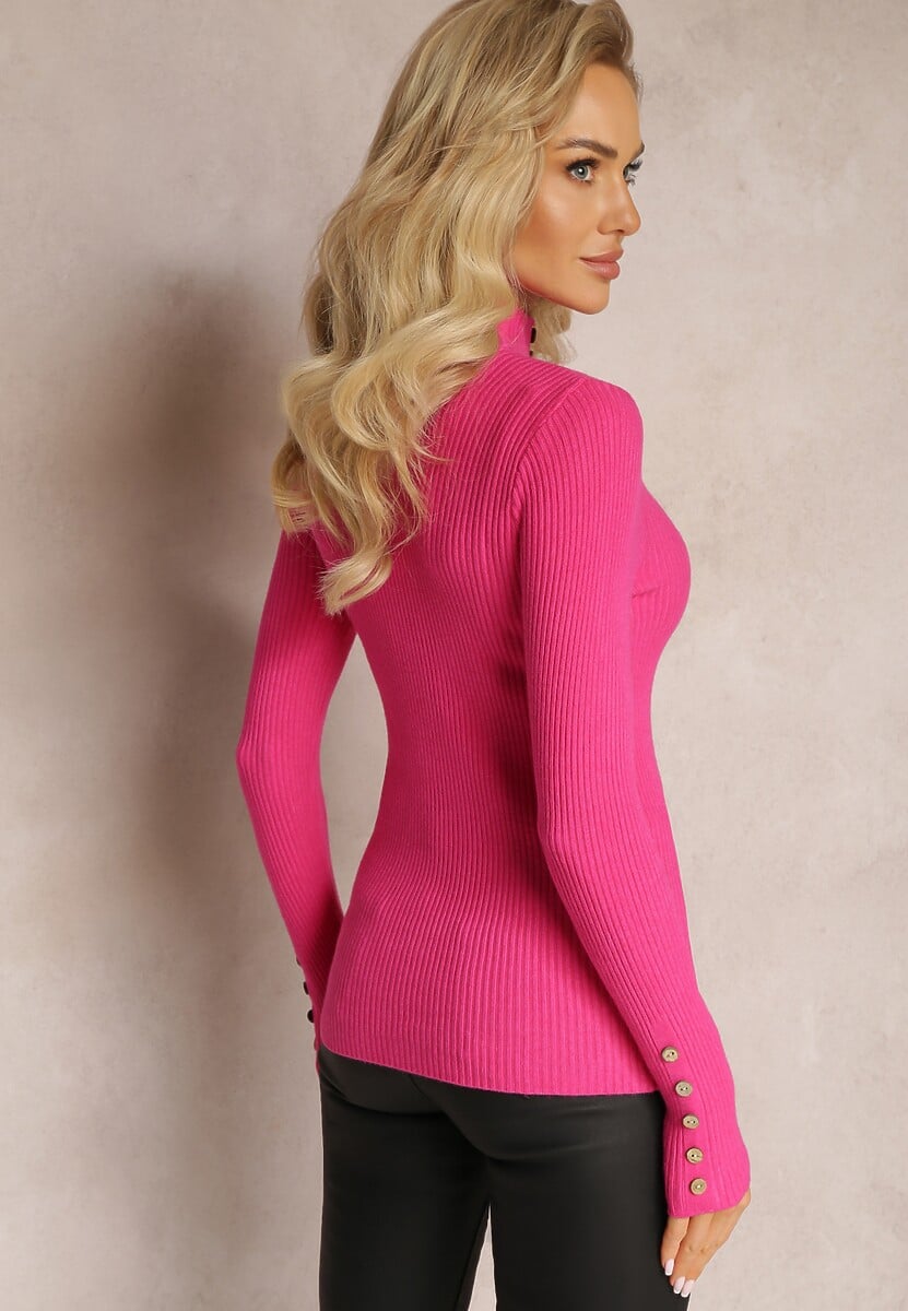 Fuksjowy Dopasowany Prążkowany Golf z Ozdobnymi Guzikami Agorcja