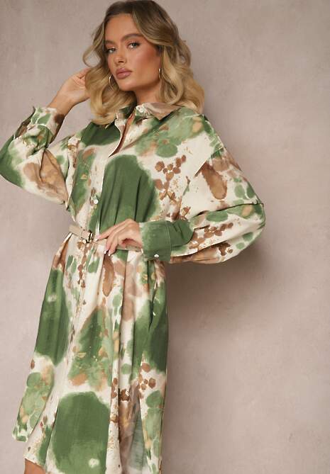 Zielona Wiskozowa Sukienka Oversize o Kroju Koszuli w Abstrakcyjny Print Gonnivae