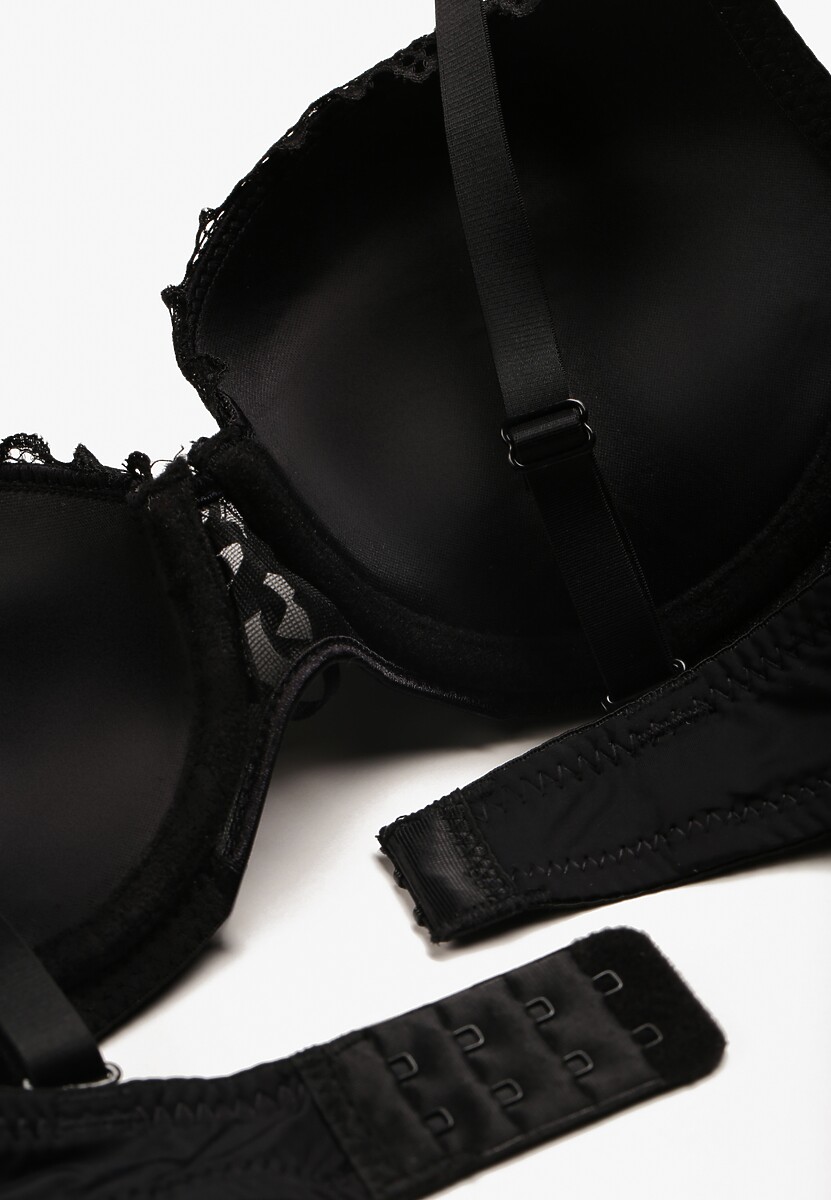 Czarno-Beżowy Biustonosz Push Up z Ozdobną Koronką i Zawieszką Gialine