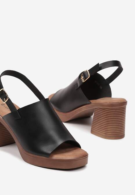 Czarne Casualowe Sandały na Słupku z Odkrytą Piętą i Sprzączką Evola
