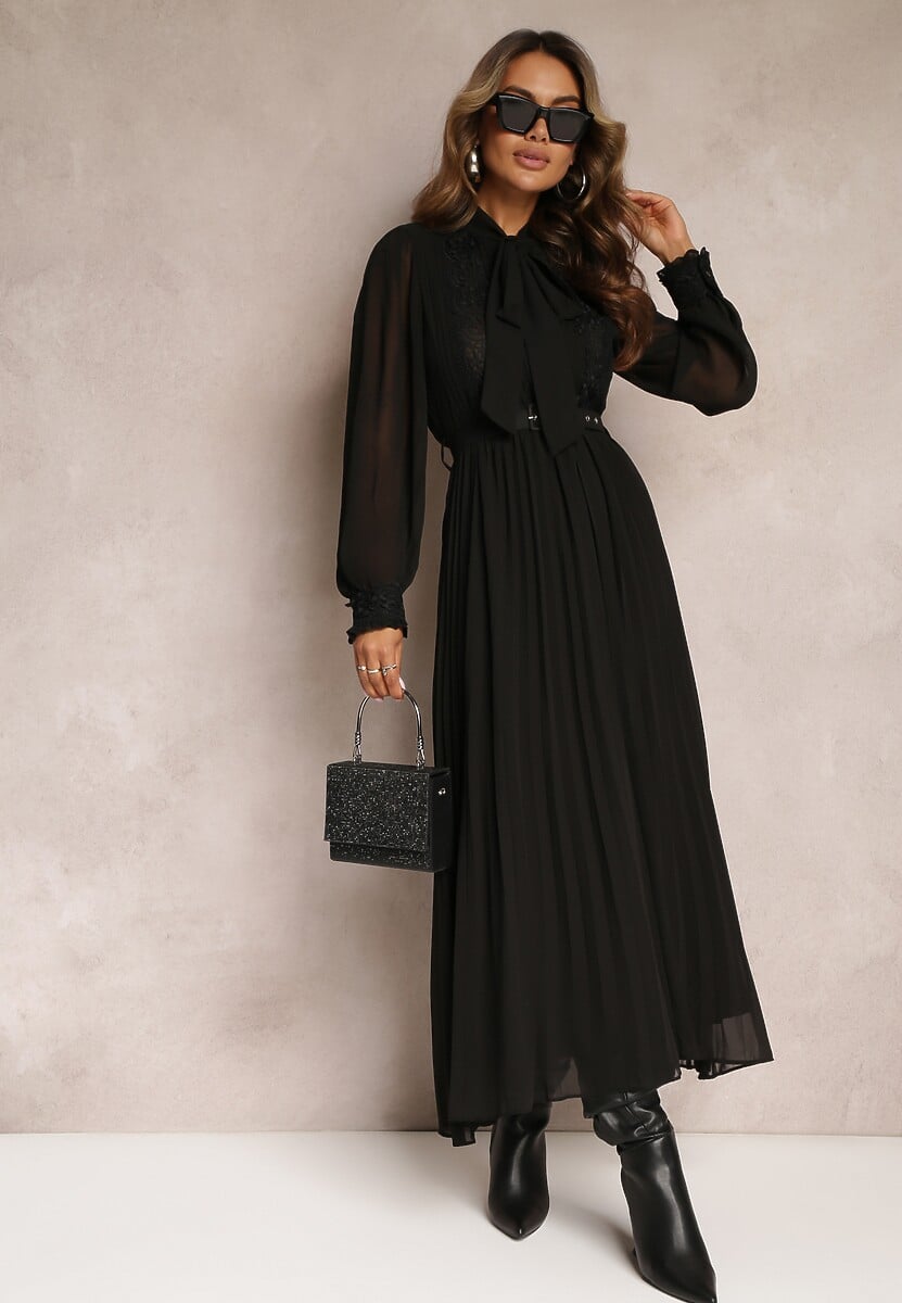 Czarna Plisowana Sukienka Maxi z Koronką i Paskiem Venila
