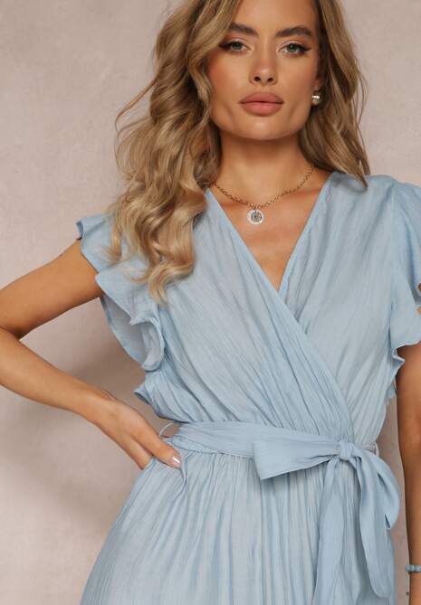 Niebieska Rozkloszowana Sukienka Maxi z Gumką w Talii Lavla