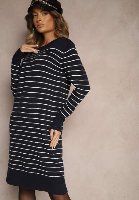 Granatowa Dzianinowa Sukienka z Wiskozą Zdobiona Wzorem w Paski i Ściągaczami Delwenna