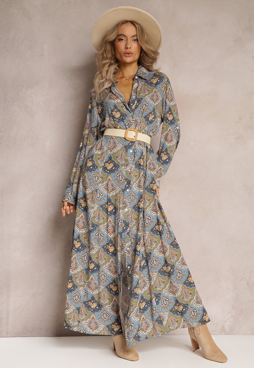 Niebiesko-Zielona Sukienka Koszulowa we Wzór Paisley Zeli