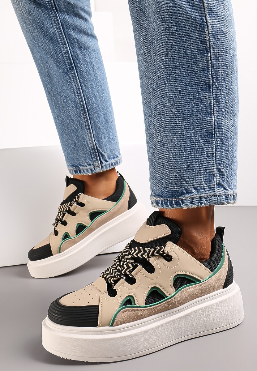 Beżowo-Czarne Sneakersy na Platformie Nazario