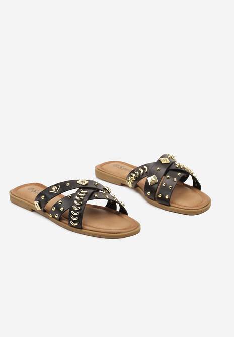 Czarne Klapki na Płaskiej Podeszwie w Klasycznym Stylu Wykończone Nitami Cotarra