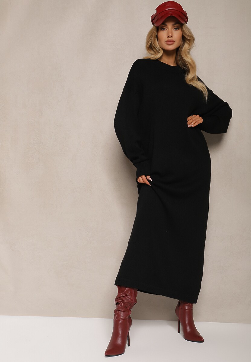 Czarna Pudełkowa Sukienka z Dzianiny z Wiskozą Maziala