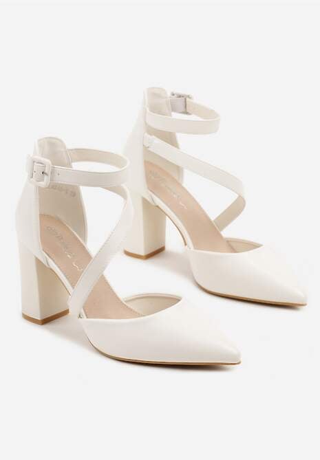 Białe Czółenka na Słupku z Wkładką ze Skóry Naturalnej Ozdobione Paskami Sopelina