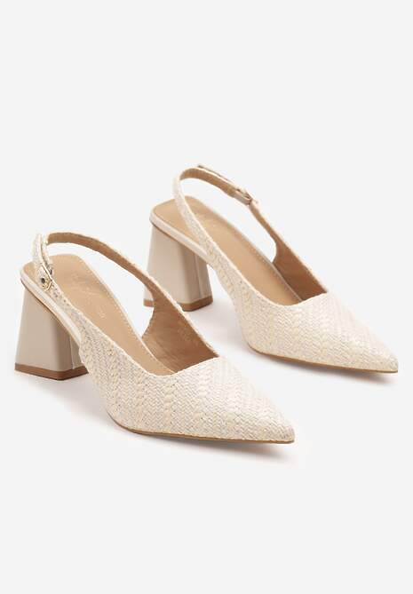 Beżowe Tweedowe Sandały Slingback na Słupkowym Obcasie Taslia