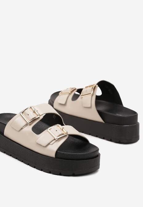 Jasnobeżowe  Klapki na Platformie z Paskami ze Sprzączkami Kaliora