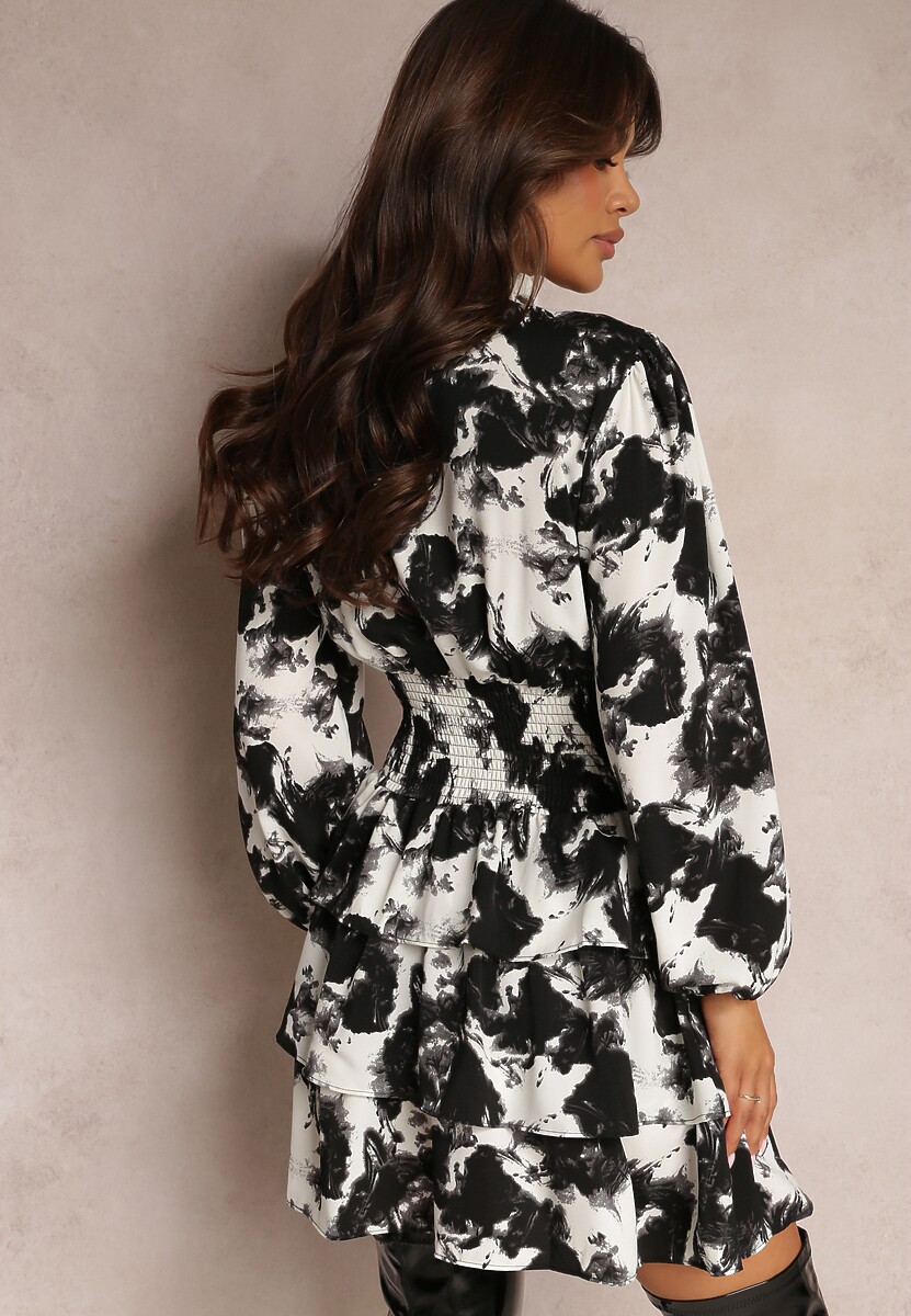 Czarna Taliowana Sukienka Mini z Falbanką Befionie