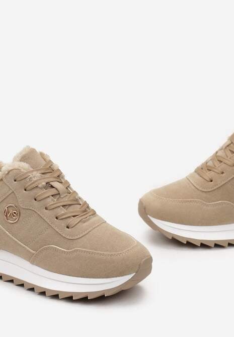 Ciemnobeżowe Ocieplane Sneakersy na Platformie Appopis
