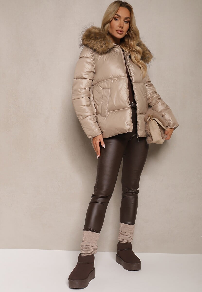 Beżowa Asymetryczna Kurtka z Kapturem z Futrem z Możliwością Odpięcia Zineira