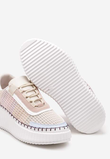 Beżowo-Niebieskie Sznurowane Sneakersy na Grubej Podeszwie do Kostki Pasapia