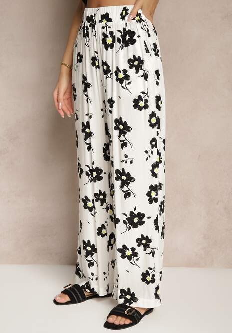 Białe Szerokie Spodnie High Waist w Kwiatowy Wzór Elsedia