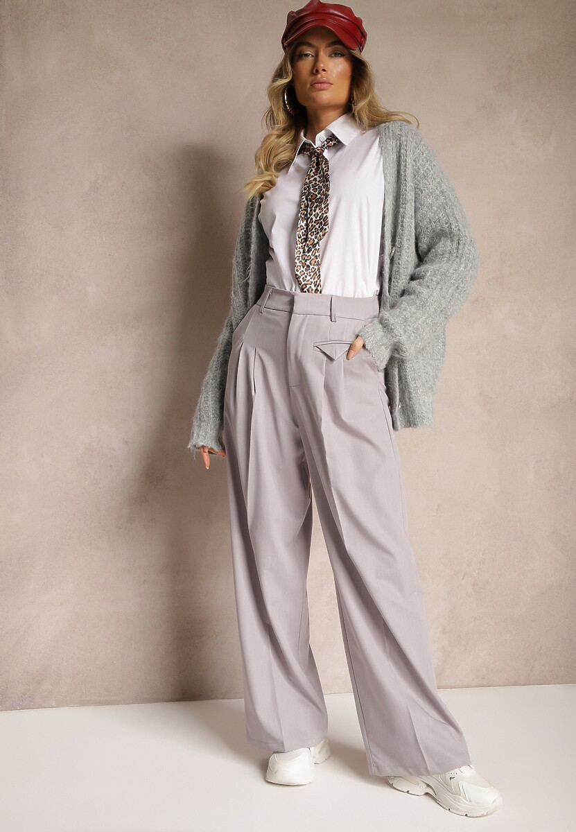 Szare Eleganckie Spodnie Garniturowe z Wysokim Stanem Lainiva