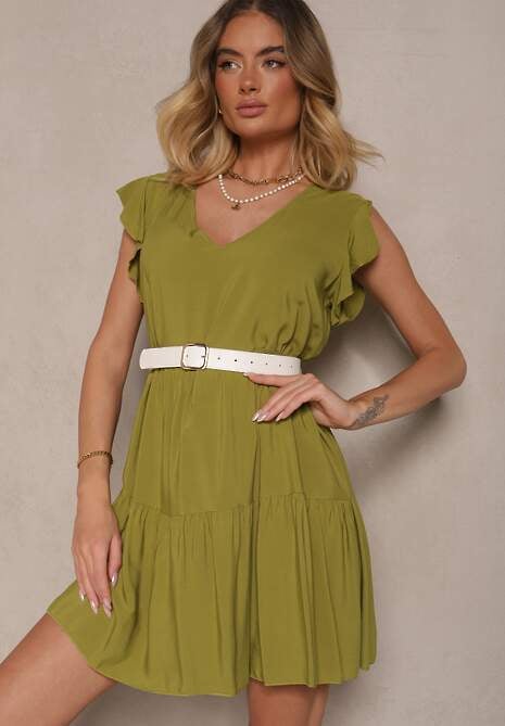 Zielona Bawełniana Sukienka Rozkloszowana z Falbankami Mirlio