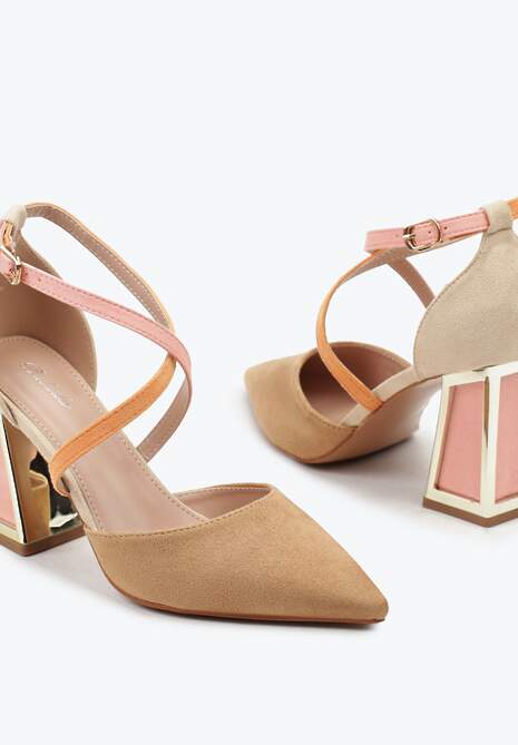 Brązowe Czółenka na Obcasie w Kształcie Stożka z Metalowym Obramowaniem Haslia