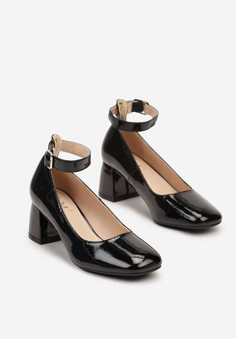 Czarne Czółenka Lakierowane na Słupku z Paskiem Wokół Kostki Firiera