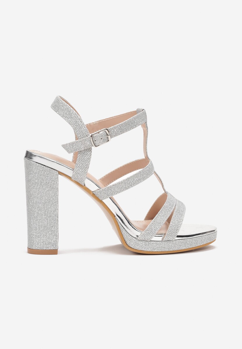 Srebrne Sandały z Cienkimi Brokatowymi Paskami na Słupku Trephone