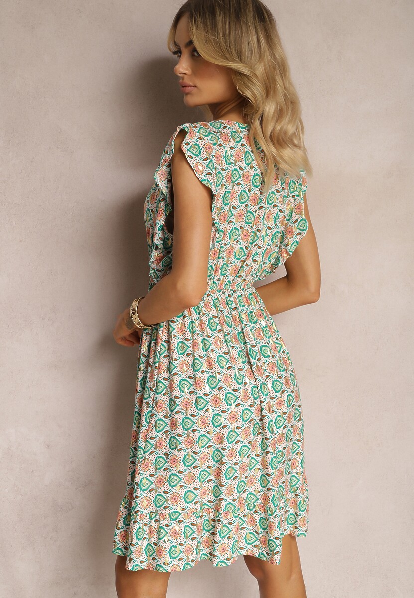 Zielona Sukienka z Gumką w Talii z Wiskozy w Abstrakcyjny Wzór Lianefa