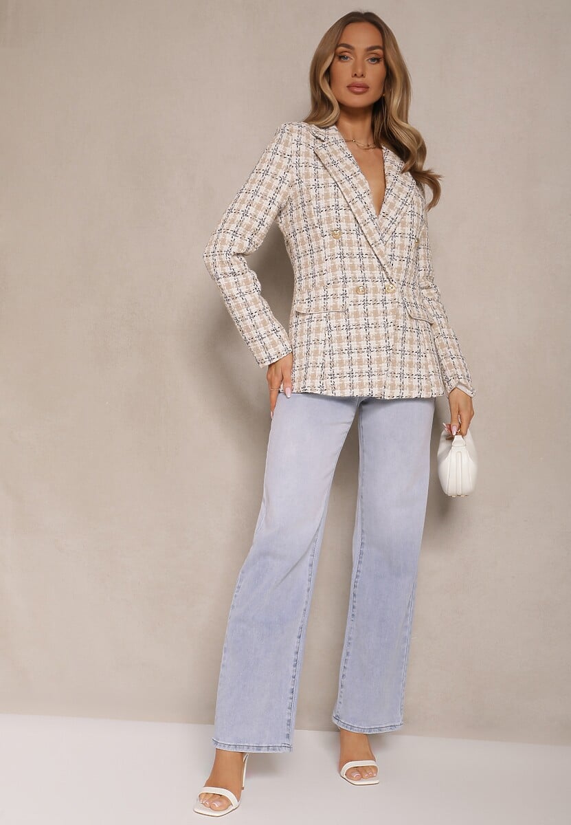 Beżowa Casualowa Tweedowa Marynarka z Wszytymi Poduszkami na Ramionach Jaanes