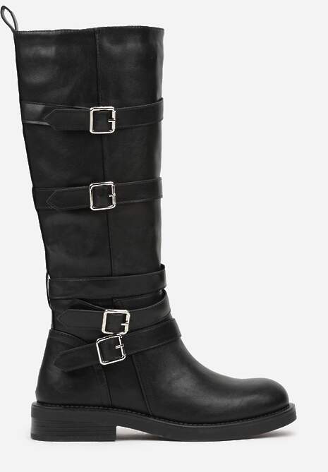 Czarne Kozaki Typu Bikery z Kwadratowymi Klamrami i Paskami Linadra