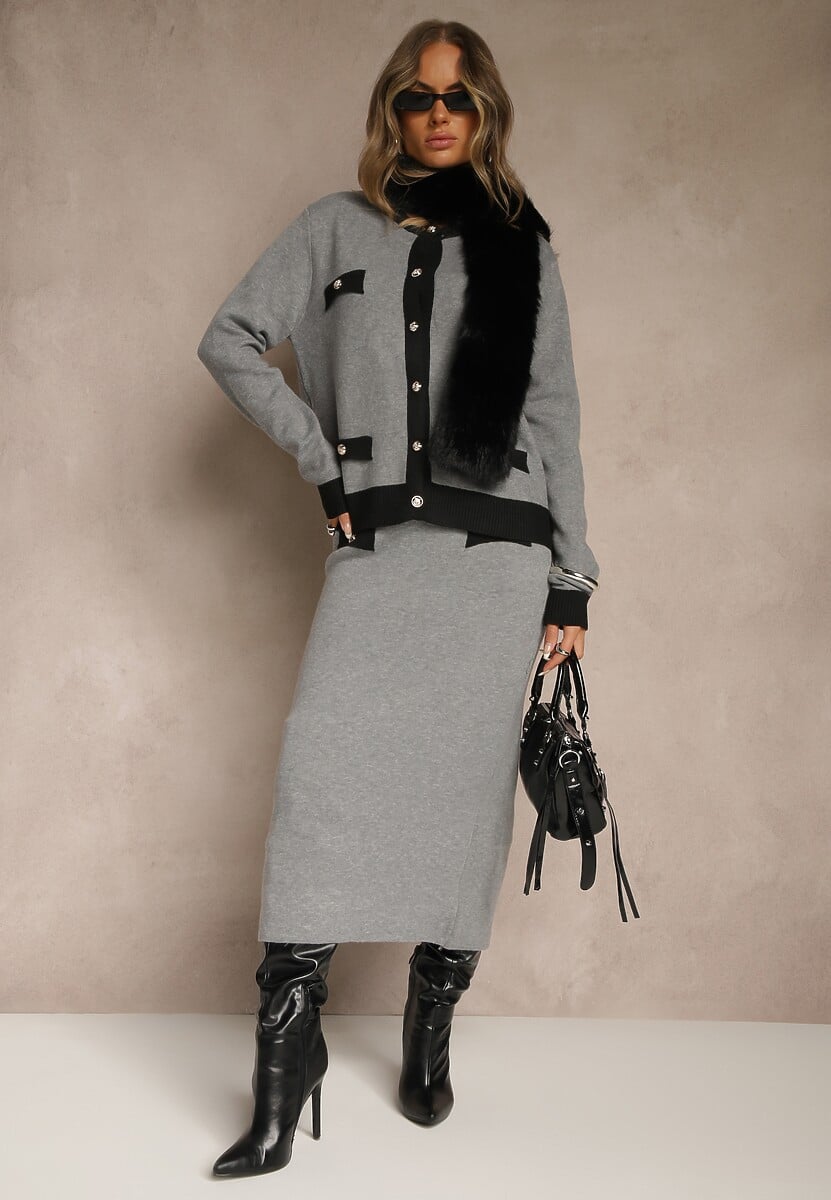 Czarno-Szary Sweterkowy Komplet z Dzianiny z Bawełną Kardigan i Spódnica Derrive