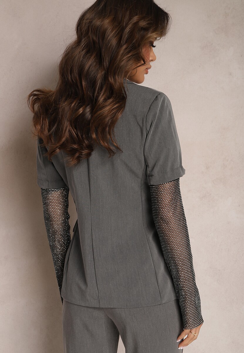 Szara Marynarka z Rękawami z Siatki Ozdobionej Cyrkoniami Modrika