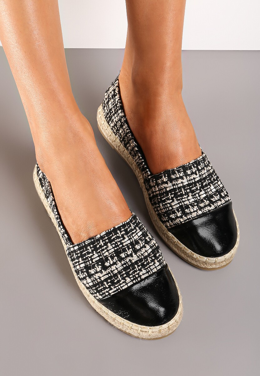 Czarne Espadryle z Tweedowego Materiału z Plecionką na Podeszwie Hexiria