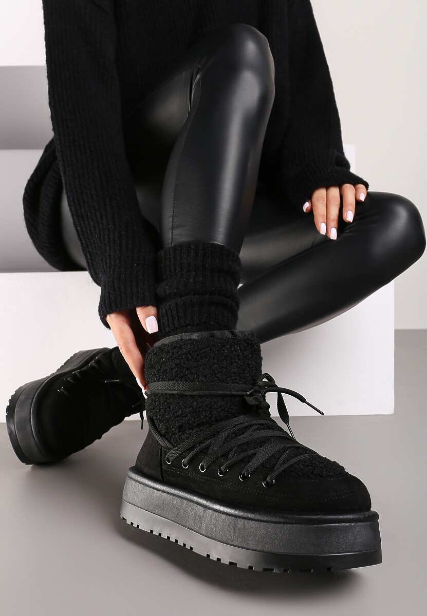 Czarne Śniegowce na Platformie Wykończone Sztucznym Futerkiem Terilani