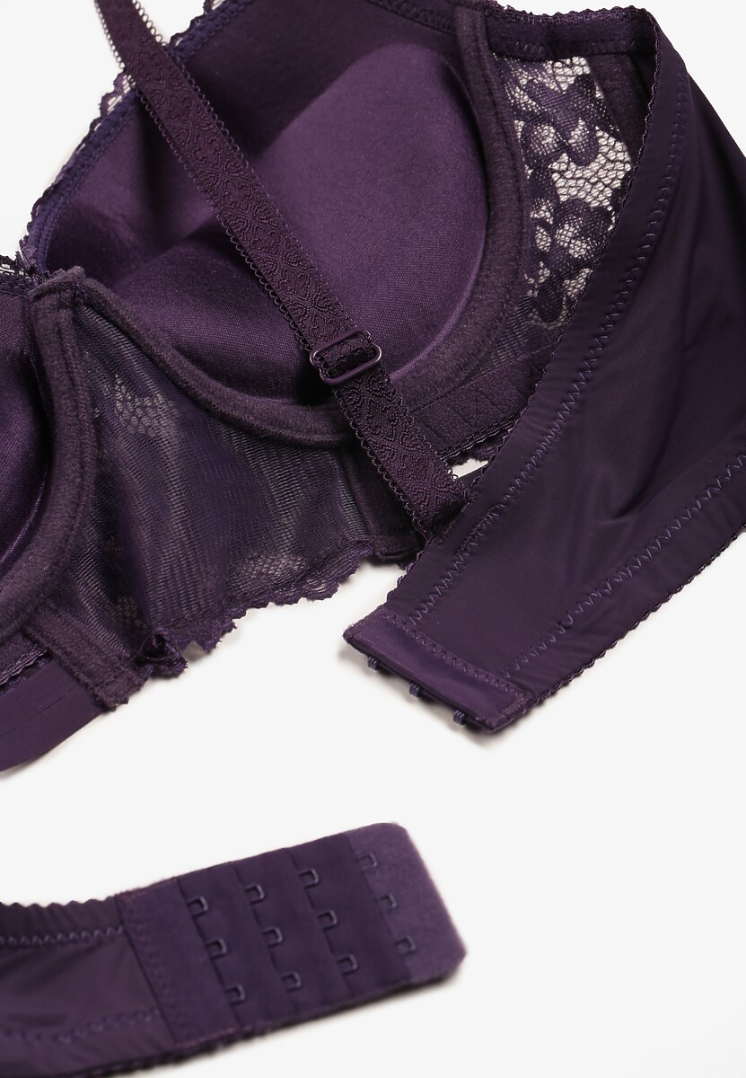 Fioletowy Biustonosz Push-Up Ozdobiony Koronką i Napisami z Cekinami Elisei