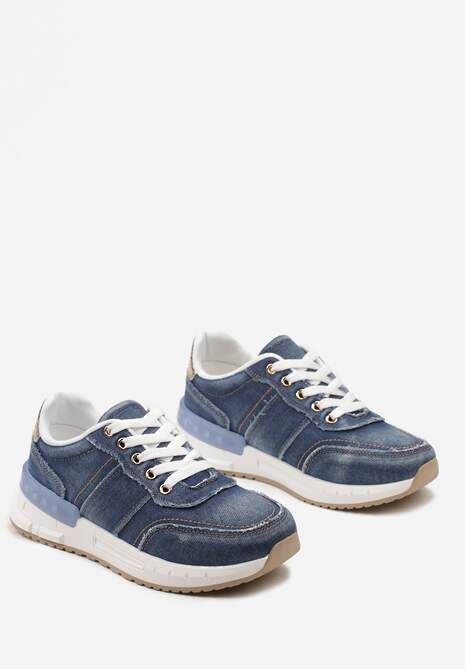 Granatowe Sneakersy z Jeansowego Materiału ze Złotymi Wstawkami i Ozdobnymi Przeszyciami Anilema