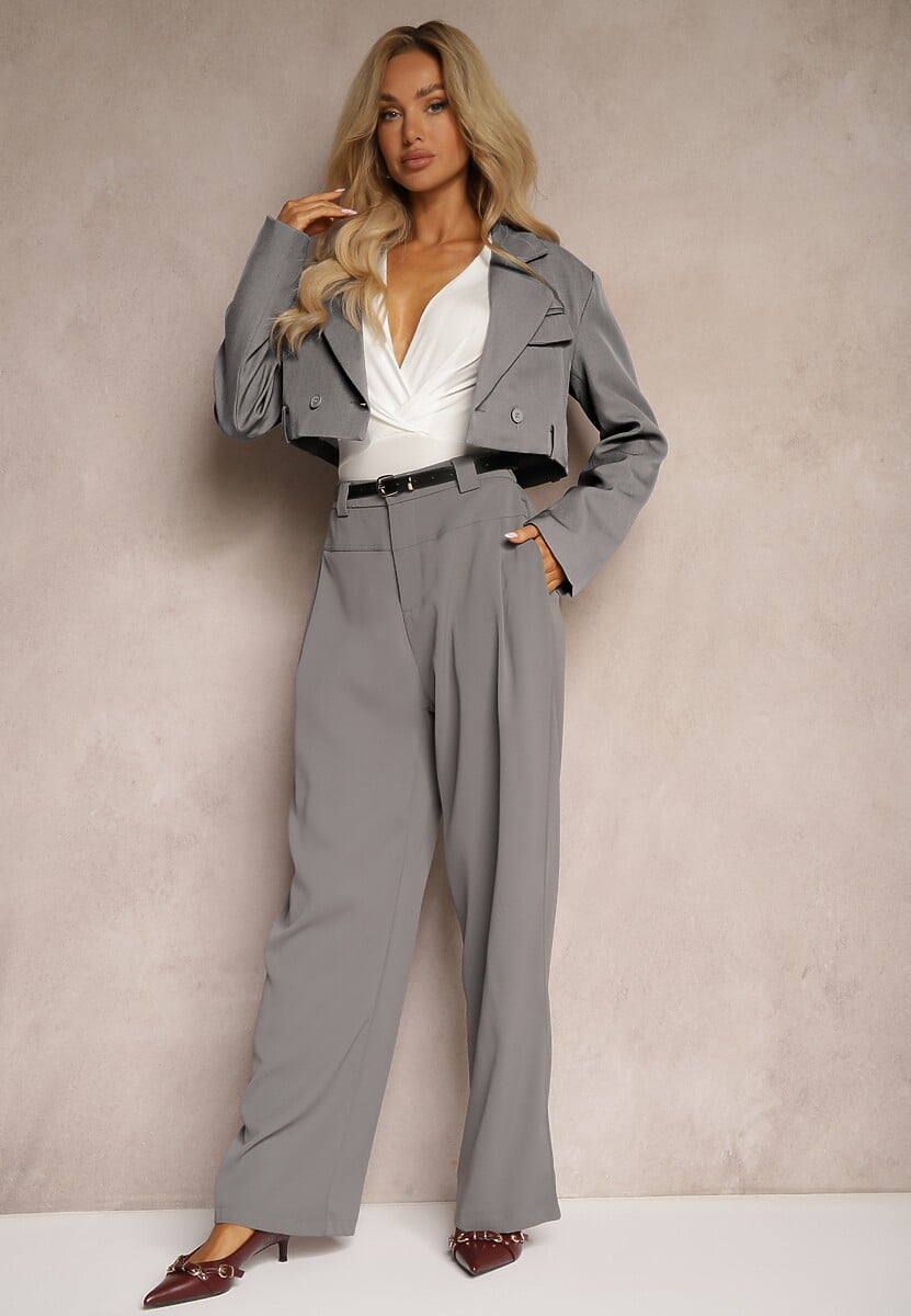 Czarne Szerokie Spodnie Garniturowe z Gumką w Talii Ozdobione Paskiem Verillias