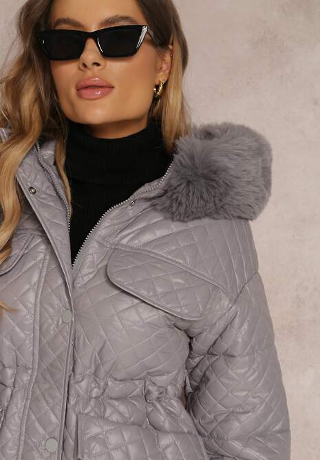 Szara Kurtka Pikowana z Kapturem z Futerkiem Vilei