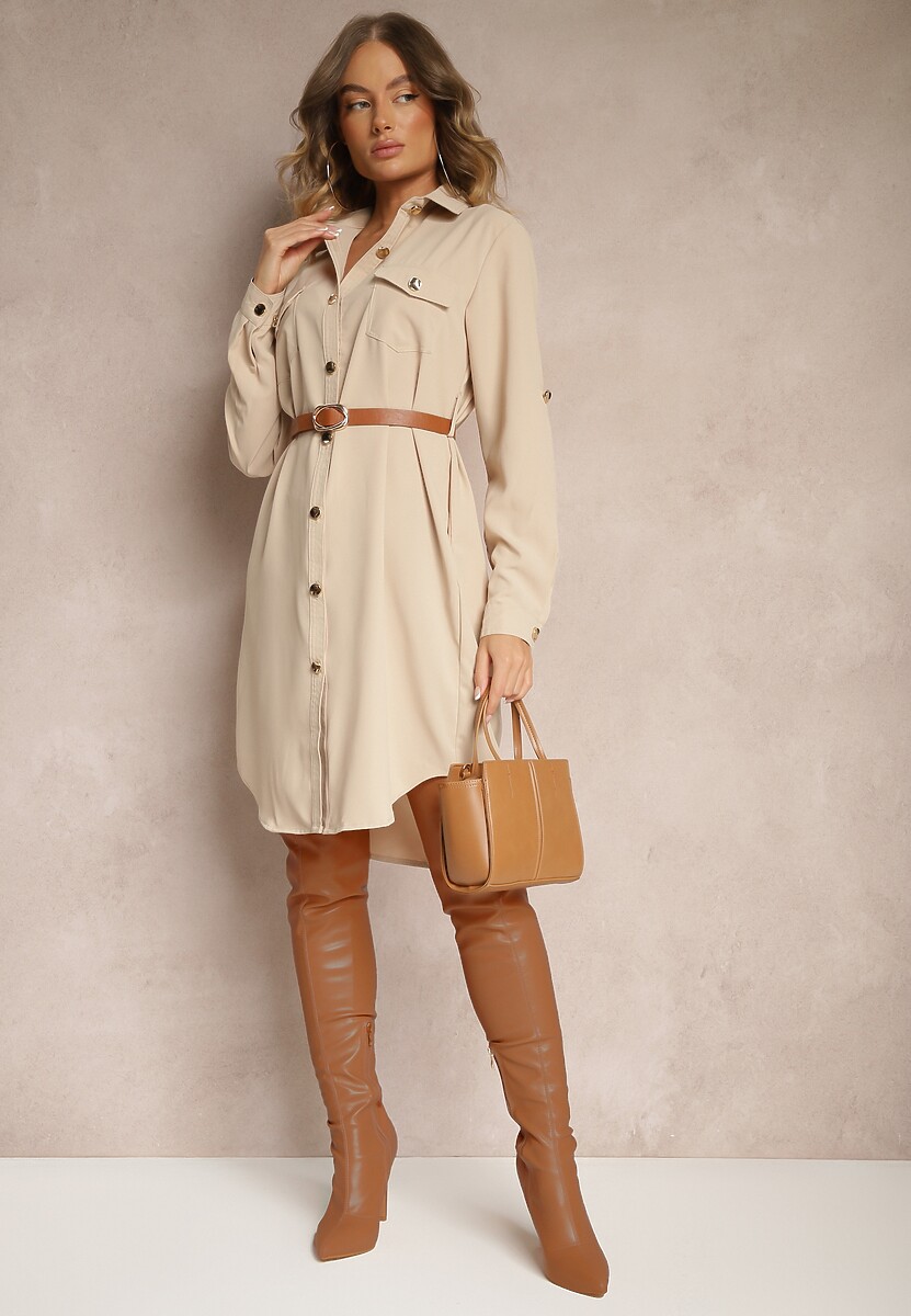 Beżowa Koszulowa Sukienka Ozdobiona Paskiem i Rękawem z Regulacją Esaviona