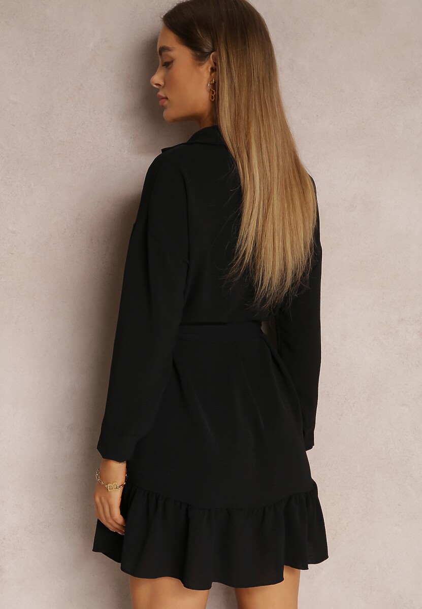 Czarna Sukienka Koszulowa z Falbanką i Wiązanym Paskiem Neitra
