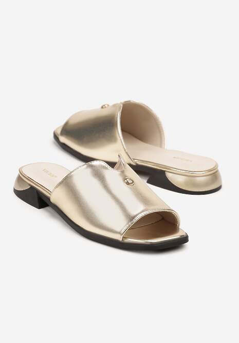 Złote Klapki Vices z Ozdobą i Geometryczną Cholewką Tilavira