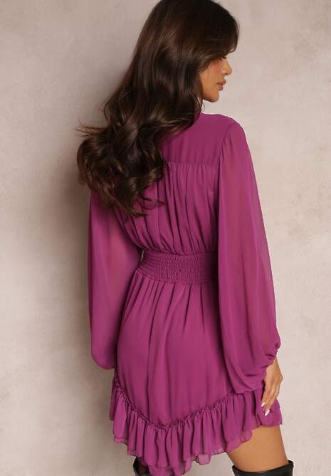 Fioletowa Sukienka Mini z Marszczoną Gumką i Przezroczystymi Rękawami Janay