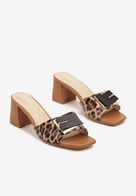 Panterkowe Klapki na Słupkowym Obcasie z Ozdobną Klamerką Mirriza
