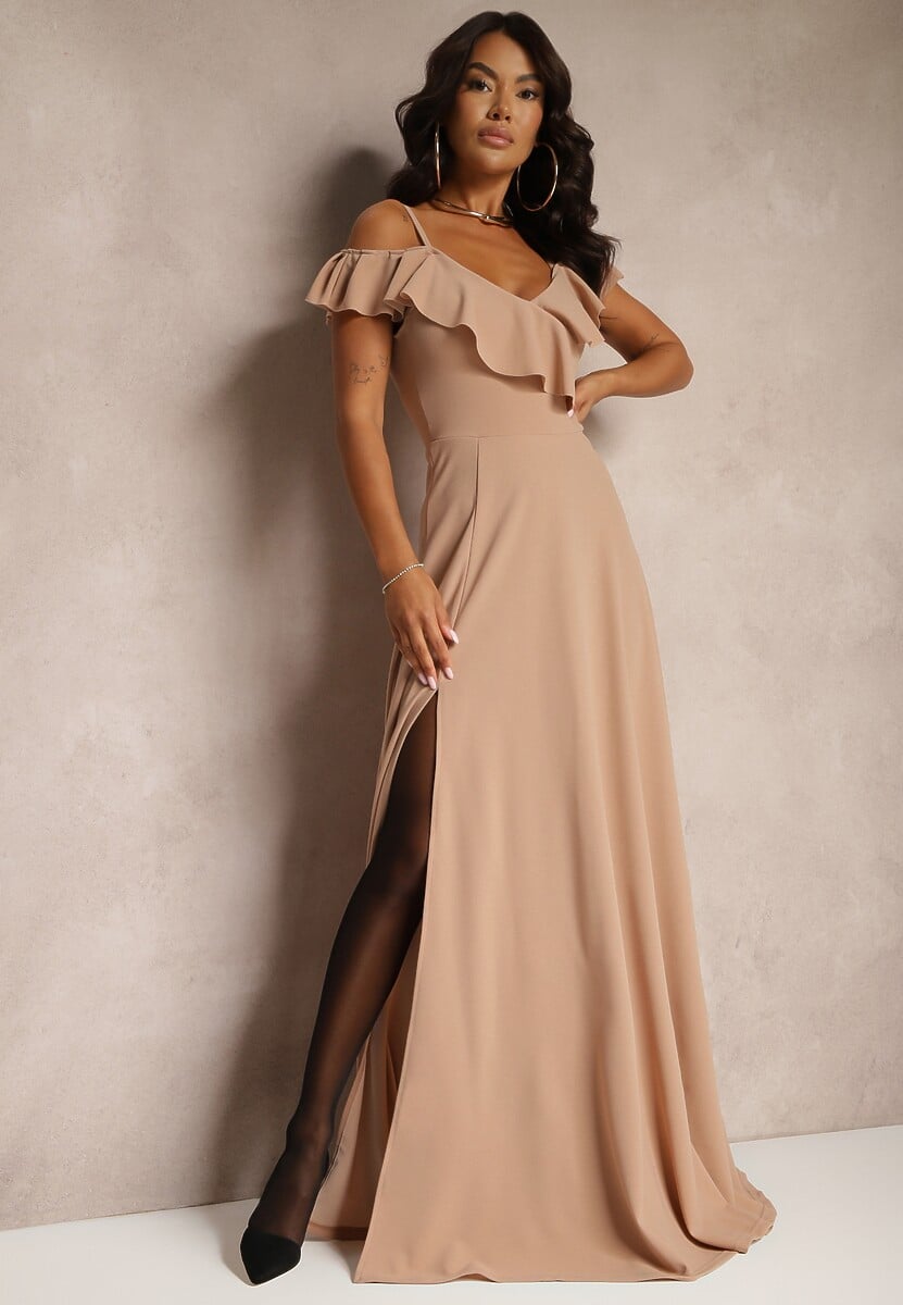 Beżowa Rozkloszowana Sukienka Typu Hiszpanka na Ramiączkach z Rozcięciem Neroli