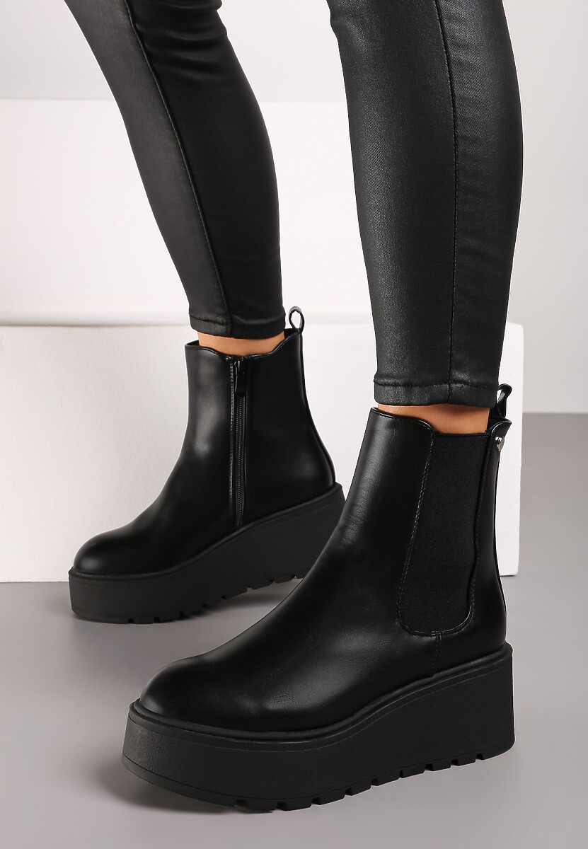 Czarne Botki Sztyblety na Platformie i Koturnie z Gumką Riaella