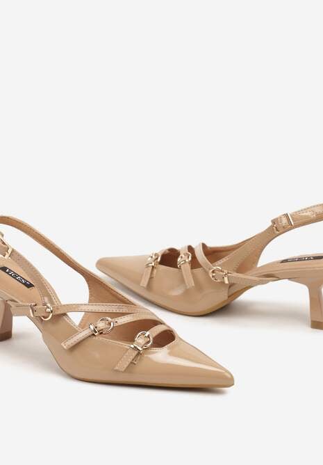 Beżowe Czółenka Lakierowane na Kaczuszce Peep Toe Ozdobione Paskami i Sprzączkami Labitha