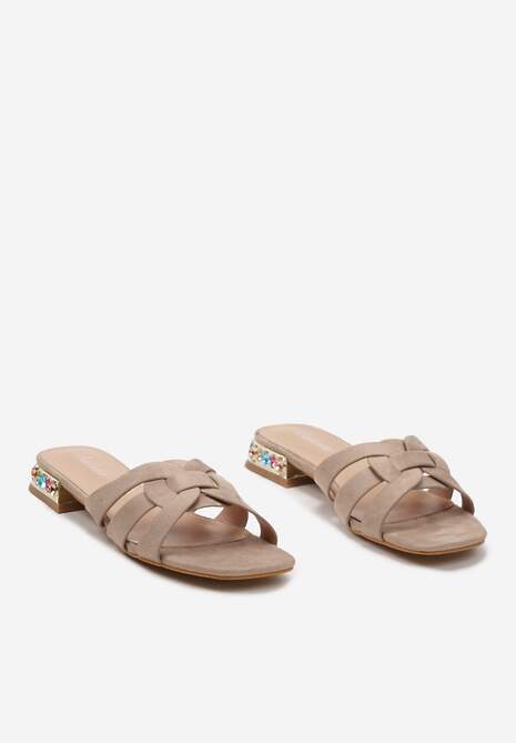Beżowe Płaskie Klapki z Imitacji Skóry Ozdobione Cyrkoniami Yanestria
