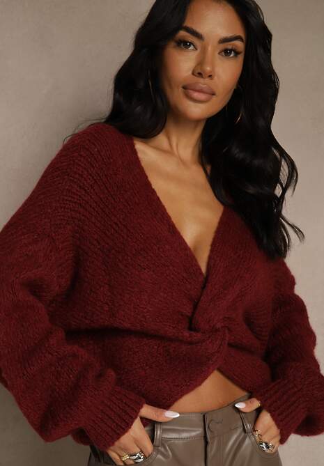 Bordowy Oversizowy Sweter z Dodatkiem Wełny Zdobiony Węzłem Lawedana